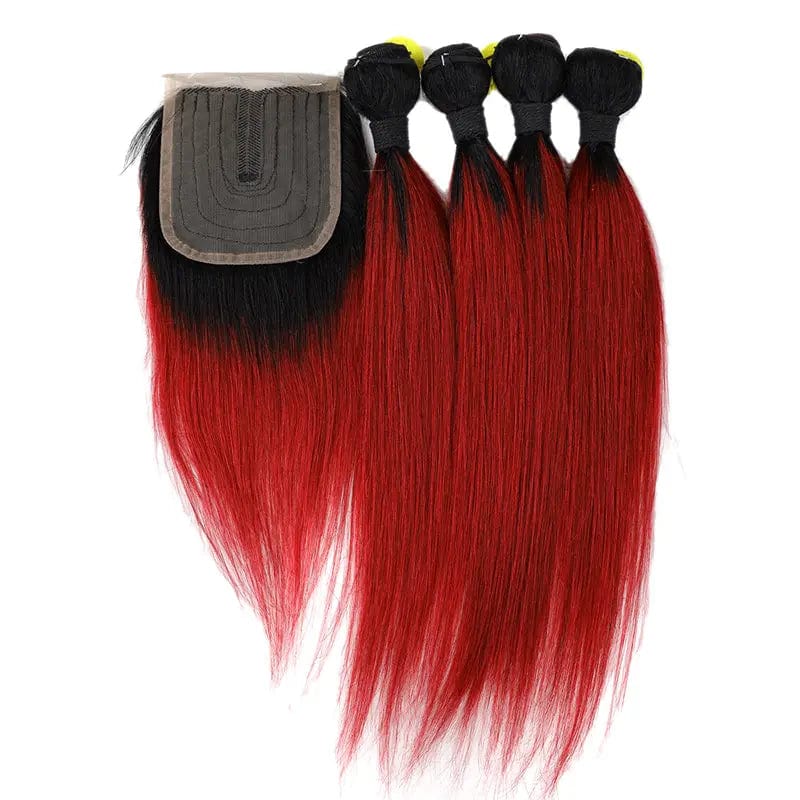 14 inches (4pcs bundle + 1 pc closure) / T1b/BG# Ombre red brown blond color Hair