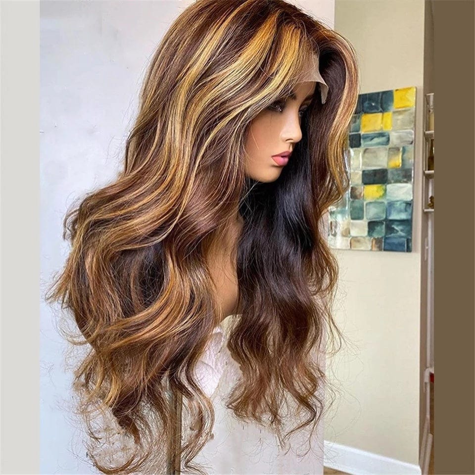 14 Inches / as pic color 250% density Highlight Blonde Colored  Body Wave Brazilian  Human Hair Wig Transparent  5X5 Lace Closure Wig