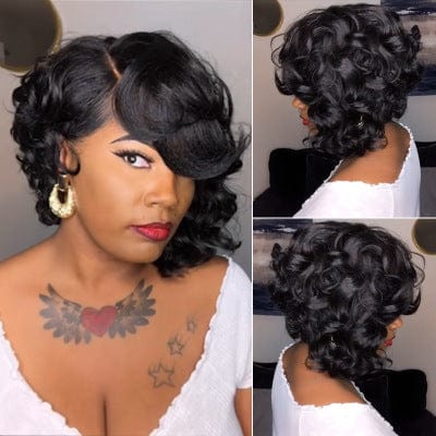 14 Inches / as  show wholesale prices Synthetic 14inches New European beauty fashion black wigs partial short curly hair synthetic headgear