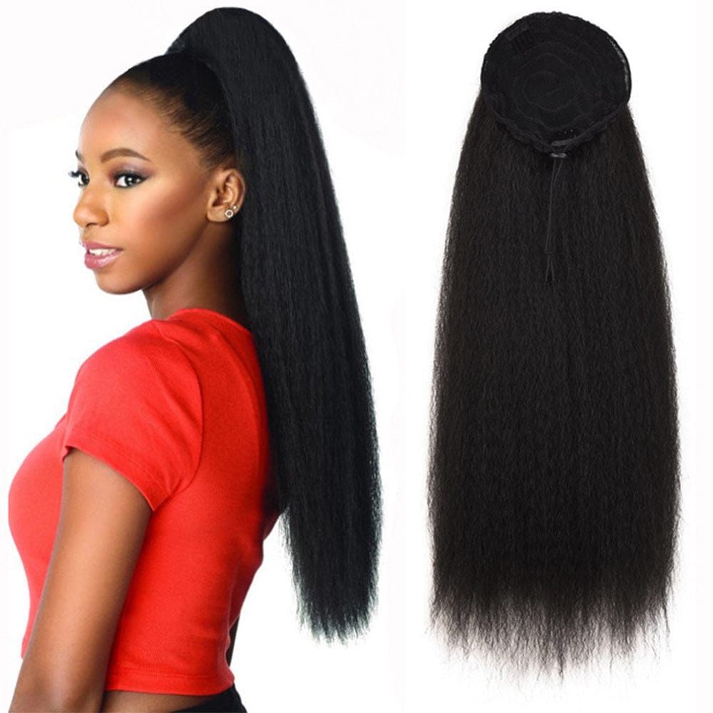 14 Inches / black Easy Wearing Natural Color Kinky Straight Human Hair Drawstring Long Ponytails Yaki Hair Extensions for Black Women