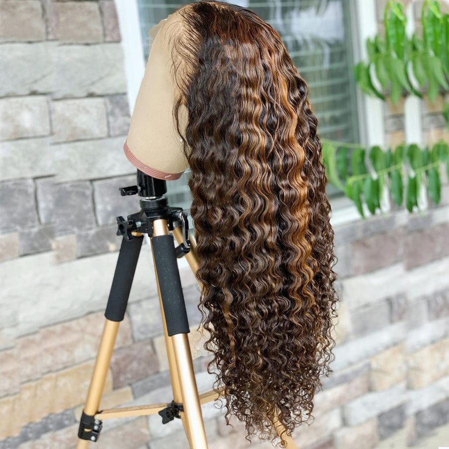 14 Inches / Color 1 Wholesale Deep Curly Highlight Brown Color Raw Peruvian Hair 13*4 Lace Front Wigs for Black Women