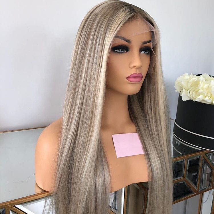 14 Inches / Highlight Ash Platinum Ombre Color Long Straight Customized Texture Straight Wave Highlight Ash Platinum Ombre Raw Brazilian Cuticle Aligned Hair Transparent Lace Front Wigs