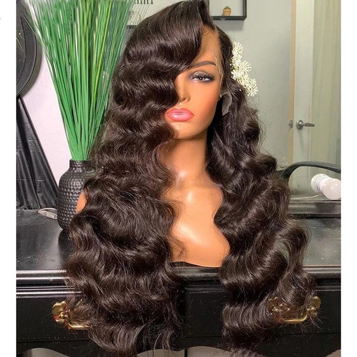 14 Inches / Natural Color 1 Side Part Bleach Knots Deep Body Wave Full Virgin Cuticle Aligned Human Hair Transparent HD Lace Front Wigs