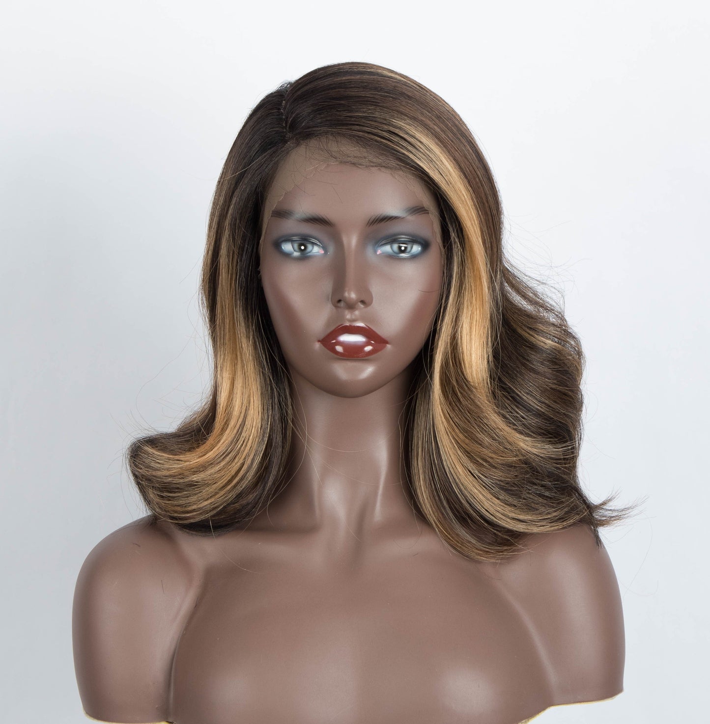 14 Inches / NTSA2/30S/26D sleek wholesale Highlight brown blonde color medium natural super body wave length lace frontal wig synthetic hair wig for women