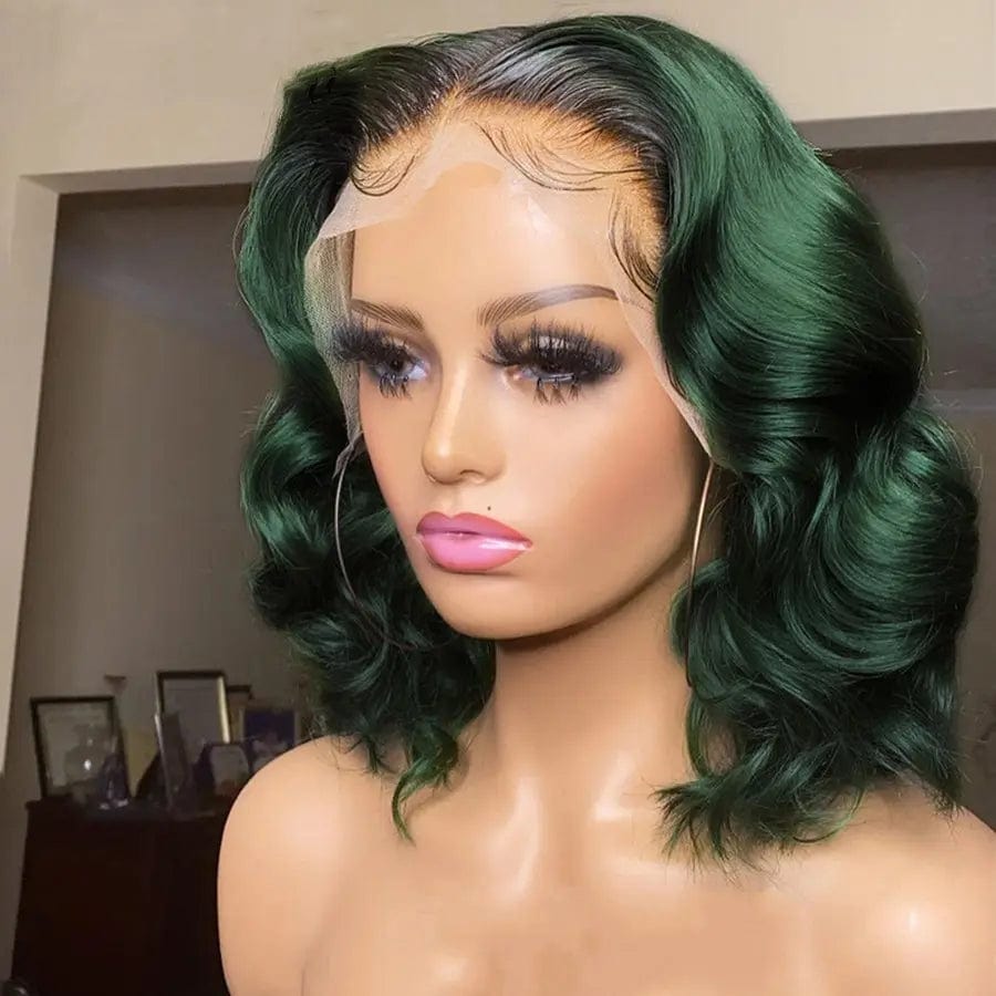 14 Inches / Ombre Green Wholesale Bob Wigs Ombre Green Body Wave Raw Indian Human Hair 13*4 Lace Front Wigs for Black Women