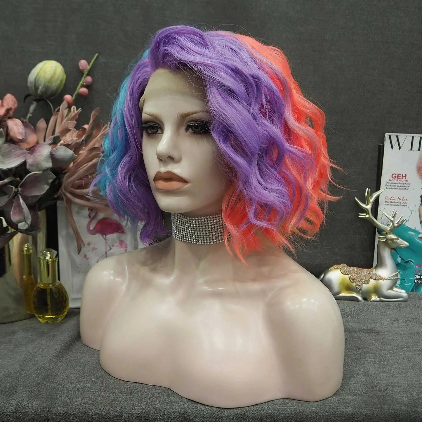 14 Inches / S37-2101-03-GL Celebrity Wig New Designed rainbow highlighted color Daily life Wearing futura Henlon fiber Synthetic Lace front Wigs
