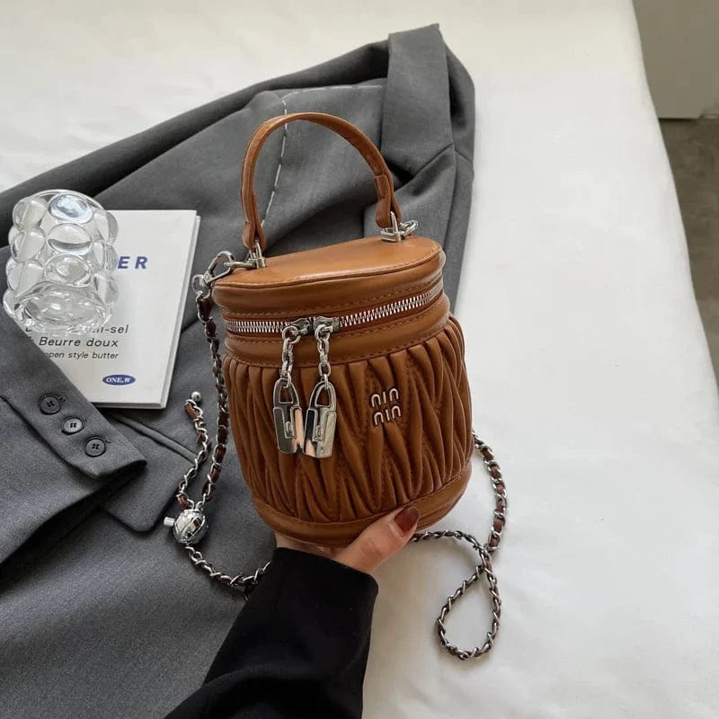 14x12x15cm / 6042 brown Brand New Fashion Pleated Embroidered Thread Bucket Ruched Luxury Shoulder Messenger Bag Women's Small Barrel Shaped Totes