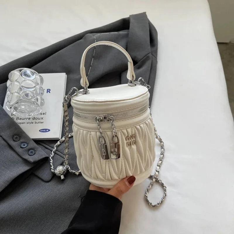 14x12x15cm / 6042 White Brand New Fashion Pleated Embroidered Thread Bucket Ruched Luxury Shoulder Messenger Bag Women's Small Barrel Shaped Totes