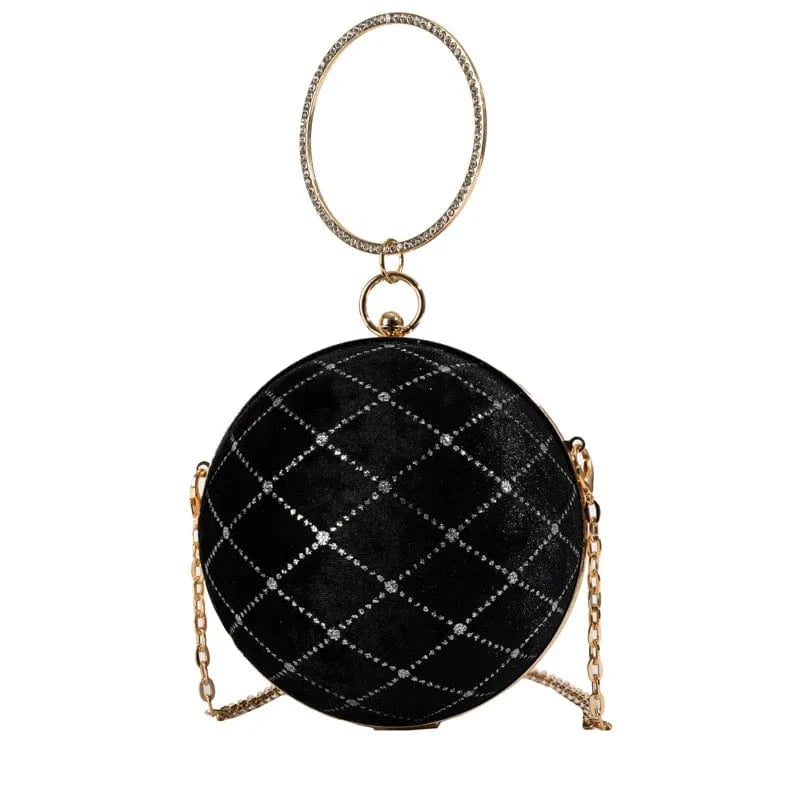 14x14x14cm / 24281 Black European Retro Handbag Velvet Women Chain Shoulder Bag Fashion Circular Diamond Ball Crossbody Bag Round Evening Party Clutch