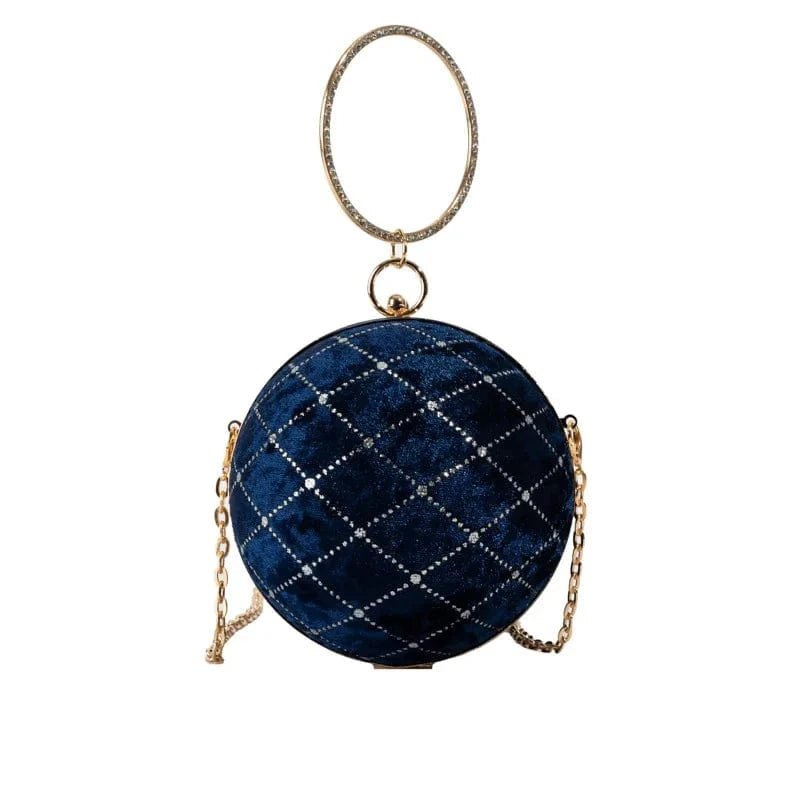14x14x14cm / 24281 Blue European Retro Handbag Velvet Women Chain Shoulder Bag Fashion Circular Diamond Ball Crossbody Bag Round Evening Party Clutch