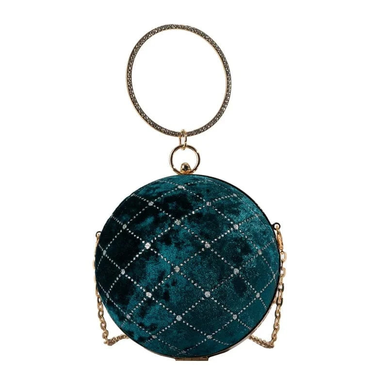 14x14x14cm / 24281 Green European Retro Handbag Velvet Women Chain Shoulder Bag Fashion Circular Diamond Ball Crossbody Bag Round Evening Party Clutch