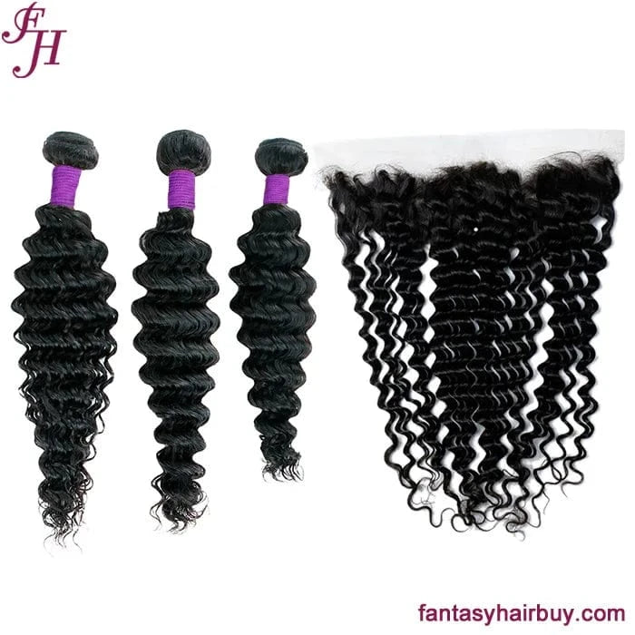 16" 16" 16"+12" 13x4 transparent lace frontal / Deep wave FH high quality black unprocessed human frontal 13x4 hd lace frontals preplucked frontal with 3 human hair bundles