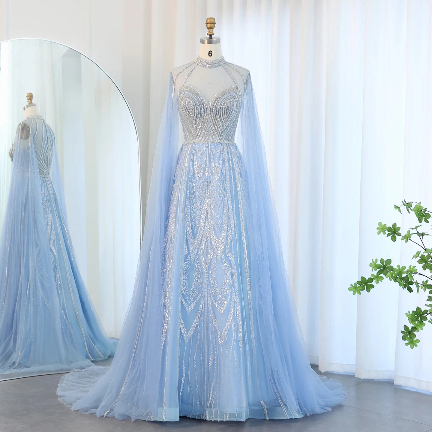 16 / 2 Luxury Dubai A-Line Blue Evening Dress With Cape Sleeves Elegant Pink Yellow Plus Size For Women Wedding Party Sz090