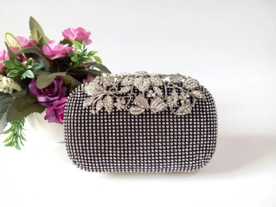 16*5*12cm / black Show Women's Fashion And Noble Quality Of Silver Shining Bag Inlaid With Diamond Leaves Flower Clutch Dinner Bag