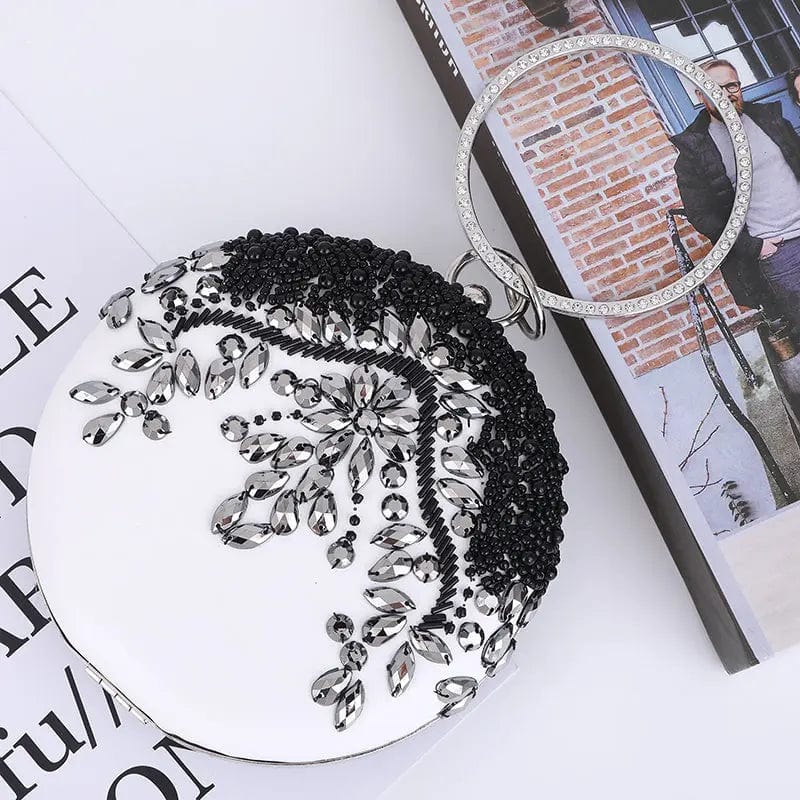 16*6.5*18cm / White New Designer Round Portable Exquisite Single-sided Bead Embroidery Clutch Dinner Bags With Rhinestone Evening Hand bags