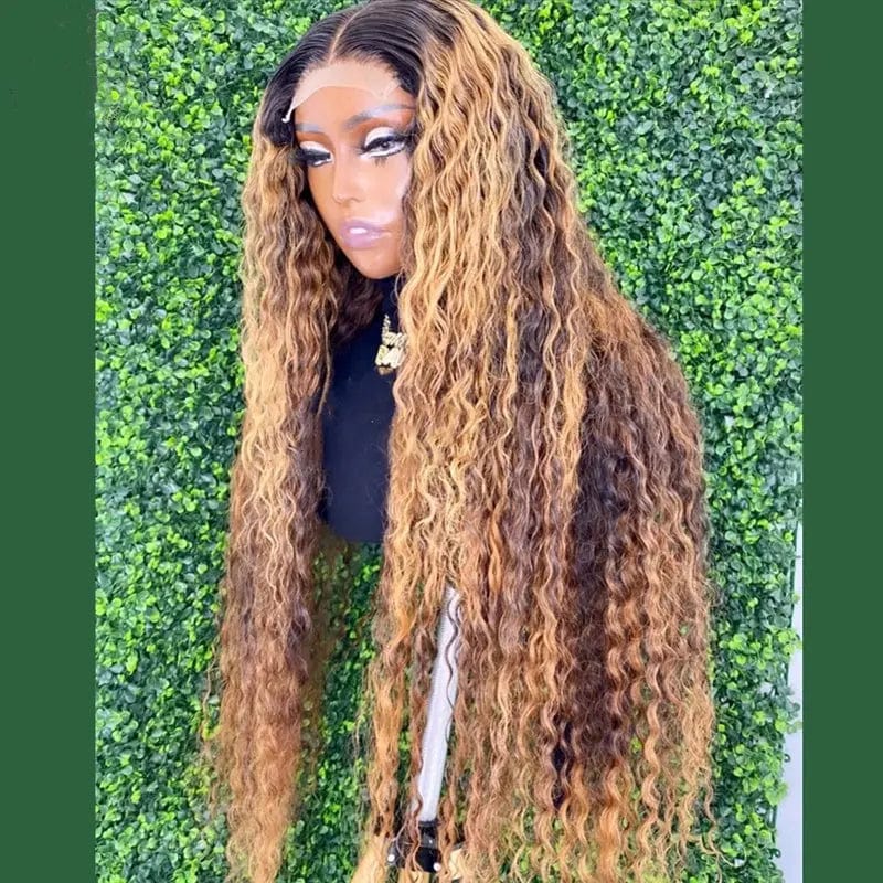 16 Inches / Highlight Color 1 Wholesale Price High Density Deep Curly Ombre Honey Brown Color Virgin Brazilian Cuticle Aligned Hair Lace Frontal Wigs