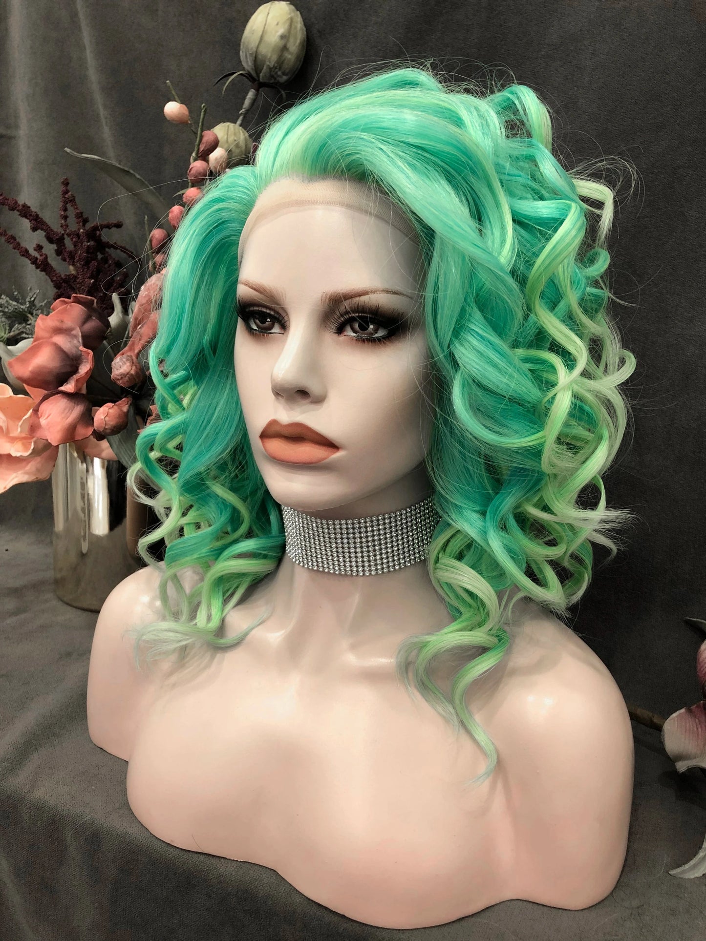 16 Inches / N16-C129-GL Celebrity 16inch ombre pastel green Color Lace Front Wig Transparent Small Knots Pre-Plucked Synthetic Hair Wigs