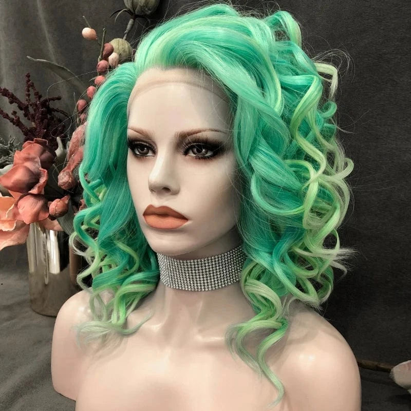 16 Inches / N16-C129-GL Celebrity 16inch ombre pastel green Color Lace Front Wig Transparent Small Knots Pre-Plucked Synthetic Hair Wigs