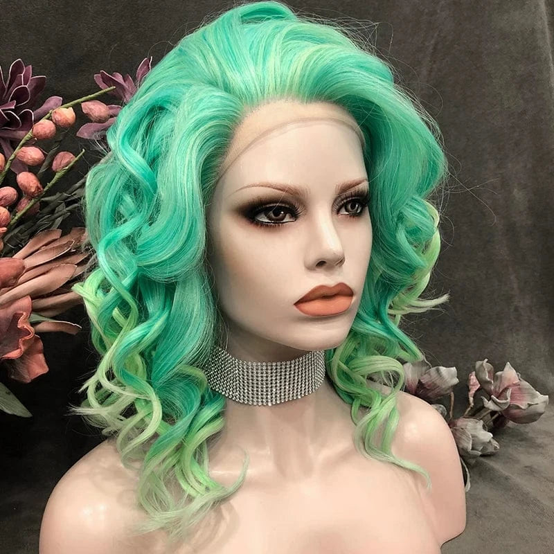 16 Inches / N16-C129-GL Celebrity 16inch ombre pastel green Color Lace Front Wig Transparent Small Knots Pre-Plucked Synthetic Hair Wigs