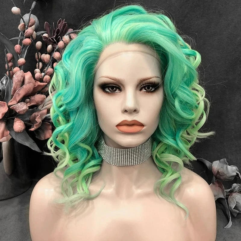 16 Inches / N16-C129-GL Celebrity 16inch ombre pastel green Color Lace Front Wig Transparent Small Knots Pre-Plucked Synthetic Hair Wigs