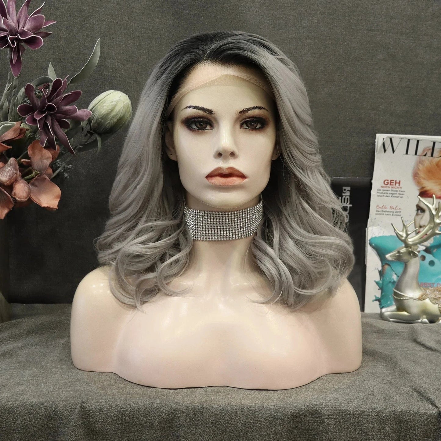 16 Inches / N19-T1/0906-GL Celebrity 16inch Short bob cut Silver Ombre Hair grey Matte Heat Resistant Fiber synthetic wigs vendor