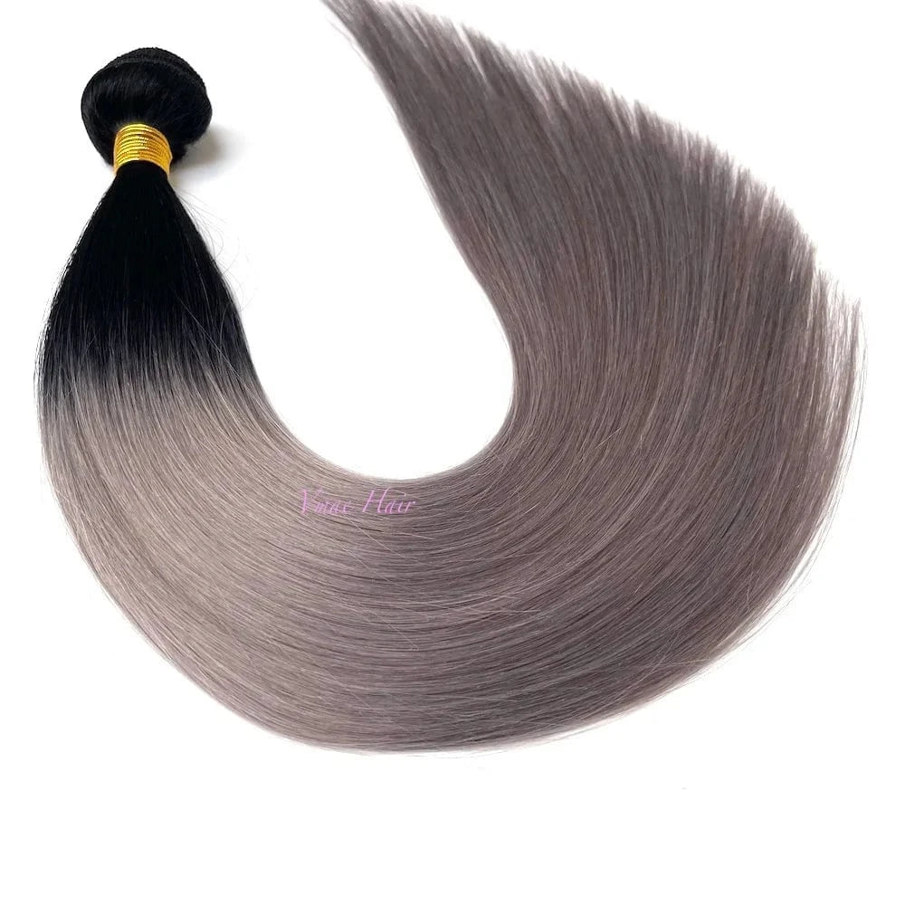 16 Inches / Ombre #1 Grey VMAE Natural Brazilian Hair Extension Raw Dark Roots Ombre #1 Grey Straight Cuticle Aligned Human Hair Weaves Bundles