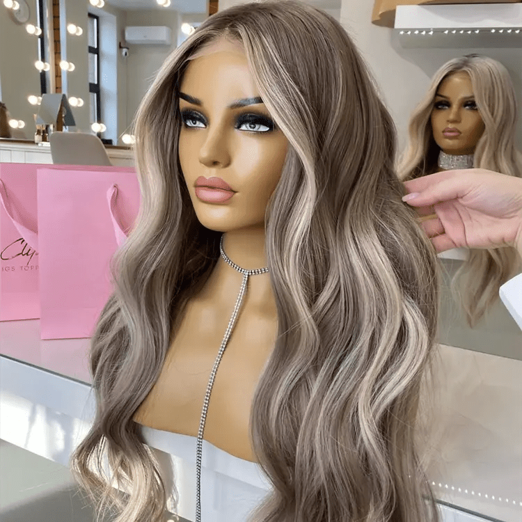 16 Inches / Style#6 HD Lace Highlight Ash Brown Blonde Color Water Wave Virgin Cuticle Aligned European Human Hair Lace Frontal Wigs