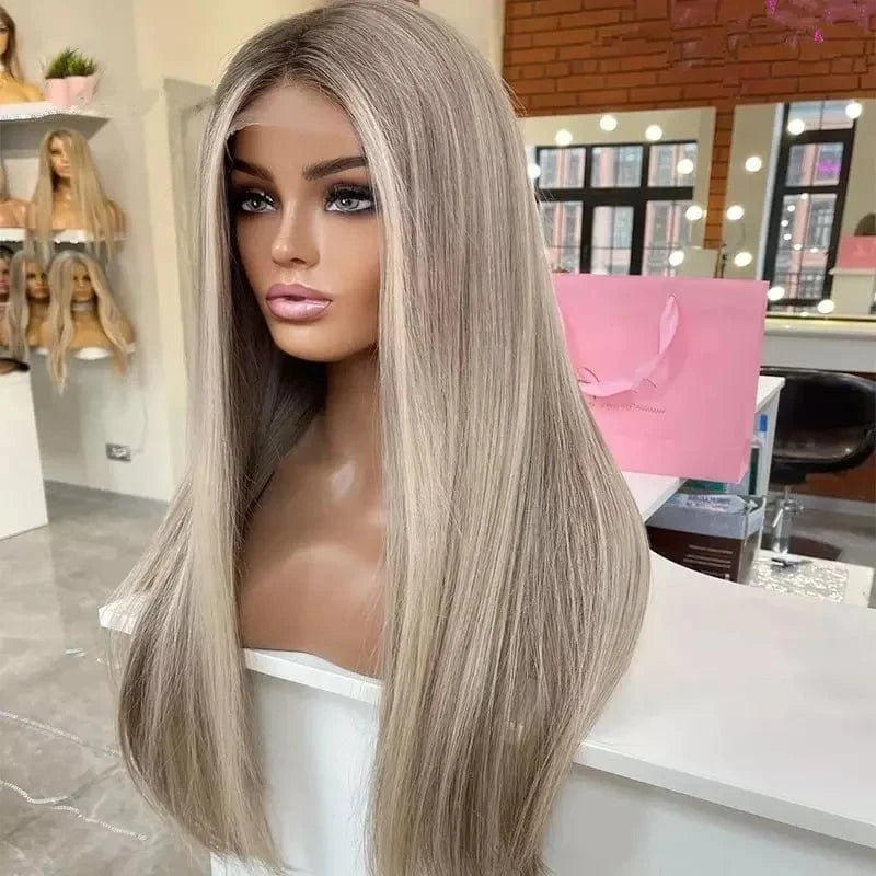 16 Inches / Wig 5 Long 55 60 65 cm 150% Density Clip In Ash Blonde Highlight Color Straight Kosher Raw Cuticle Aligned Human Hair Lace Front Wigs