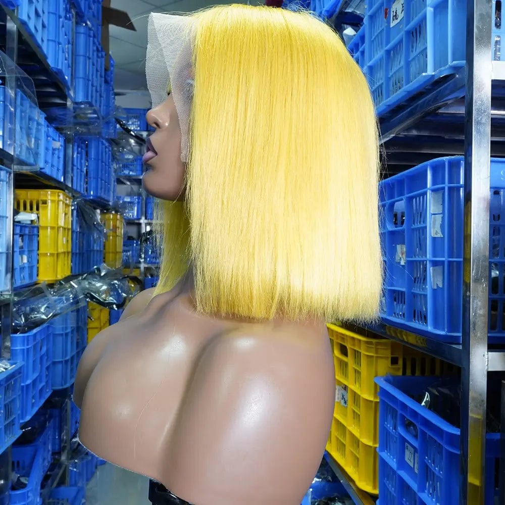 16 Inches / Yellow-13*4 bob wig Orange Human Hair Wig Colored Short Bob