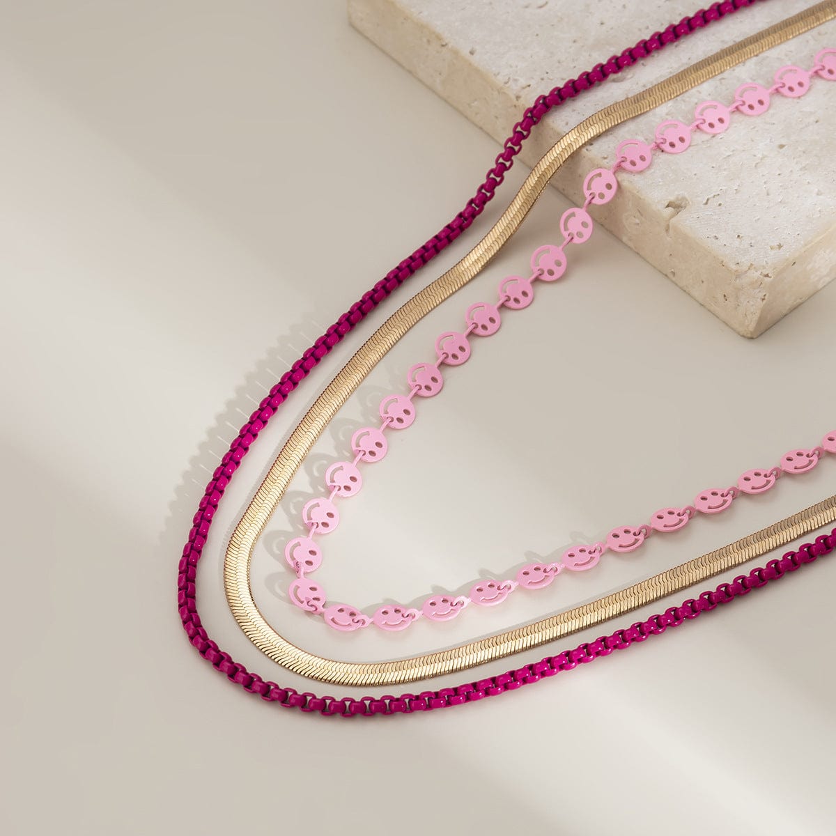 16inches / Gold CARTER LISA Fashion Stacking Simple Three Rows Pink Smiley Collarbone Chain Metal Snake Bone Chain Necklace Accessories Women