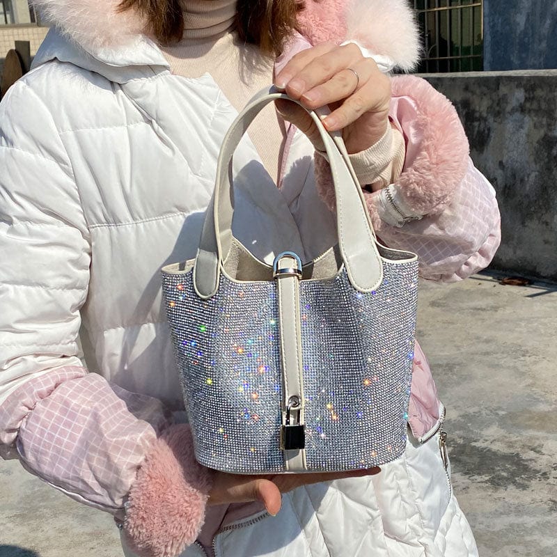 16X12X16CM / Silver Ladies Fashion Bling Rhinestone Decoration Bucket Tote Bag Ladies Trend Luxury Pu Leather Shoulder Handbag and Purse For Woman
