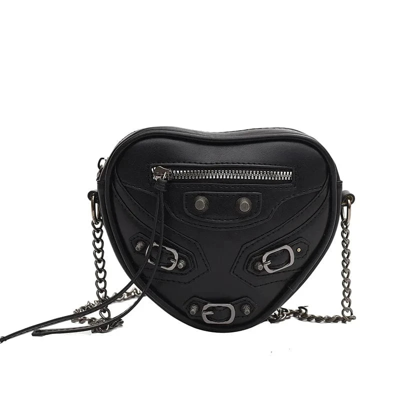 16x4x14cm / 23461 Black Creative Love Heart Purses Riveted Women's One Shoulder Crossbody Bag Mini Motorcycle Handbags Small Y2K Girls Messenger