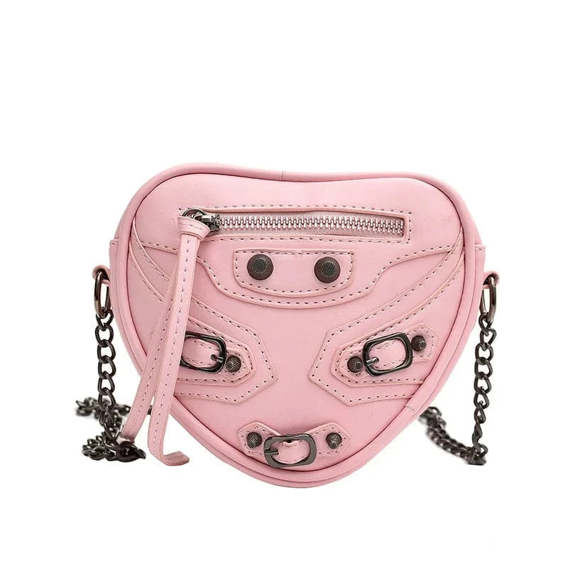 16x4x14cm / 23461 Pink Creative Love Heart Purses Riveted Women's One Shoulder Crossbody Bag Mini Motorcycle Handbags Small Y2K Girls Messenger