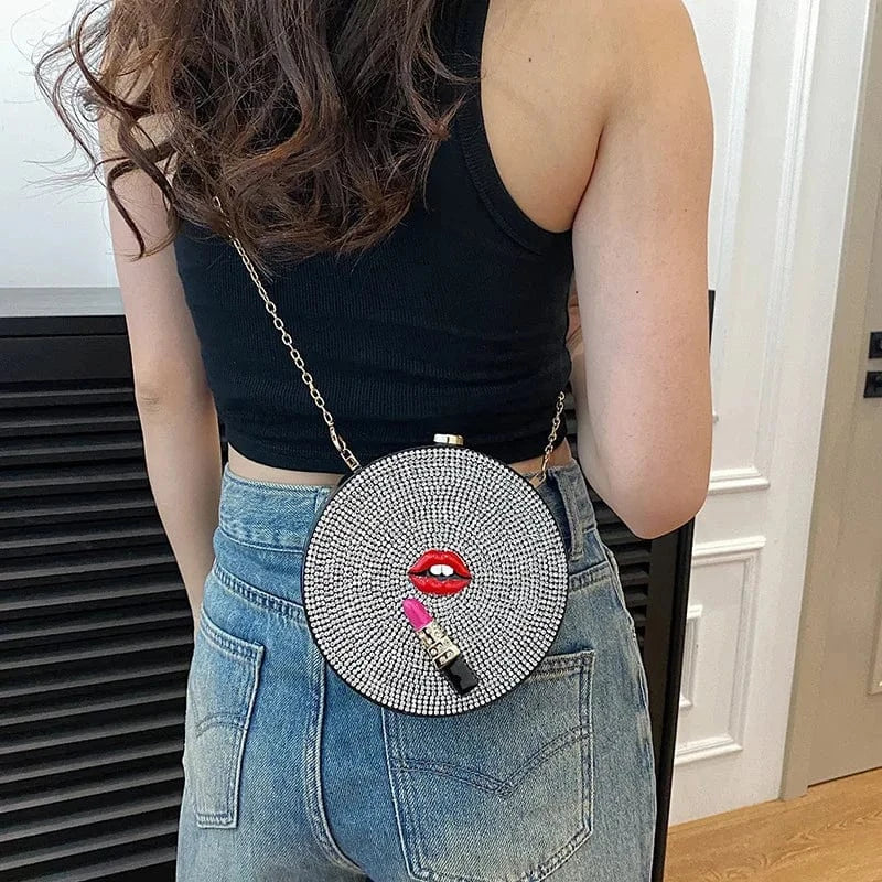 16x4x16cm / 24258 Round Acrylic Crystal Evening Clutch Bag Lips And Lipstick Minaudiere Rhinestone Purses Luxury Designer Wedding Party Handbags