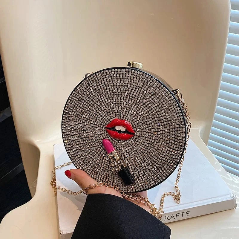 16x4x16cm / 24258 Round Acrylic Crystal Evening Clutch Bag Lips And Lipstick Minaudiere Rhinestone Purses Luxury Designer Wedding Party Handbags
