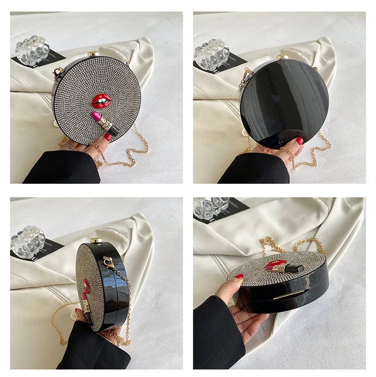 16x4x16cm / 24258 Round Acrylic Crystal Evening Clutch Bag Lips And Lipstick Minaudiere Rhinestone Purses Luxury Designer Wedding Party Handbags