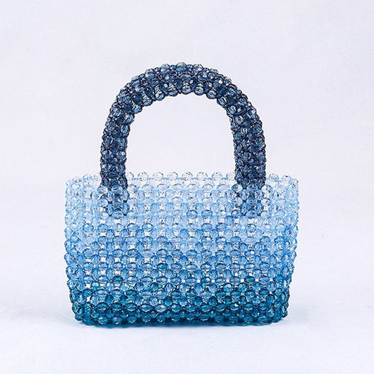 16X6X12.5CM / Blue Summer New Transparent Cute Acrylic Blue Beads Fashion Tote Bag Ladies Banquet Dress Clear Pearl Beaded Clutch Handbag and Purse