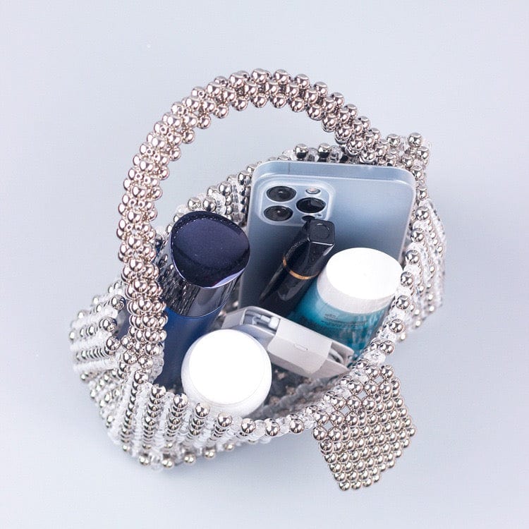 16X6X12.5CM / Silver Luxury Fashion Women's Handmade Banquet Party Shoulder Bucket Pearl Bag Female Wedding Ladies Clear Beaded Tote Handbag