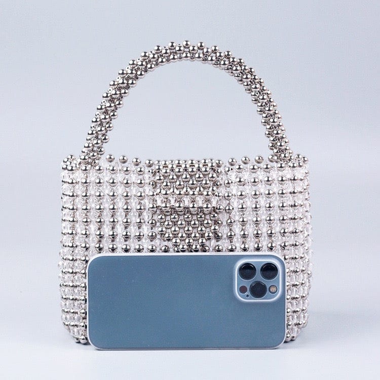 16X6X12.5CM / Silver Luxury Fashion Women's Handmade Banquet Party Shoulder Bucket Pearl Bag Female Wedding Ladies Clear Beaded Tote Handbag