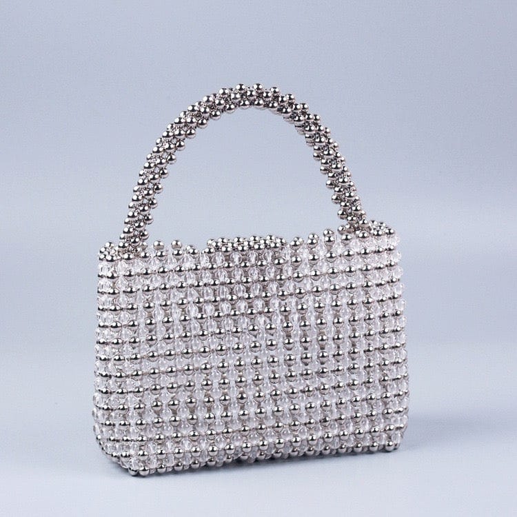 16X6X12.5CM / Silver Luxury Fashion Women's Handmade Banquet Party Shoulder Bucket Pearl Bag Female Wedding Ladies Clear Beaded Tote Handbag