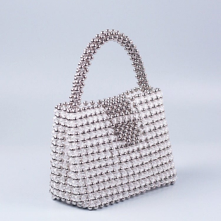 16X6X12.5CM / Silver Luxury Fashion Women's Handmade Banquet Party Shoulder Bucket Pearl Bag Female Wedding Ladies Clear Beaded Tote Handbag