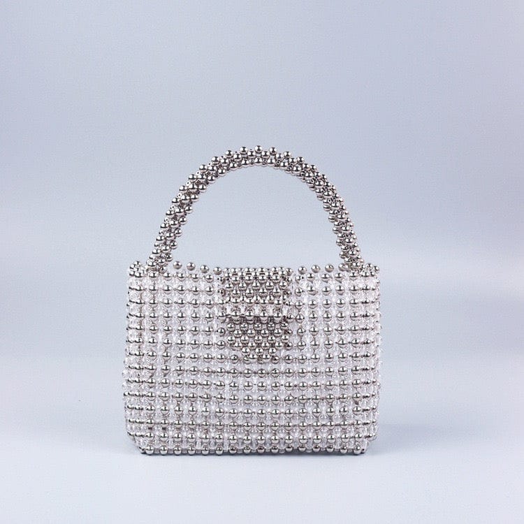 16X6X12.5CM / Silver Luxury Fashion Women's Handmade Banquet Party Shoulder Bucket Pearl Bag Female Wedding Ladies Clear Beaded Tote Handbag