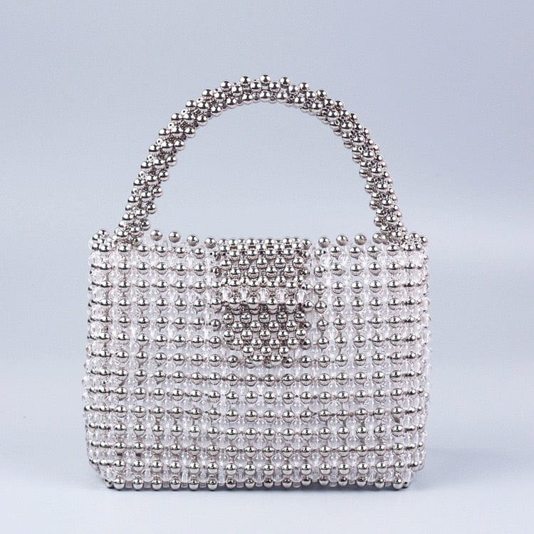 16X6X12.5CM / Silver Luxury Fashion Women's Handmade Banquet Party Shoulder Bucket Pearl Bag Female Wedding Ladies Clear Beaded Tote Handbag