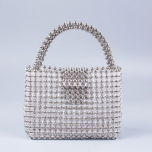 16X6X12.5CM / Silver Luxury Fashion Women's Handmade Banquet Party Shoulder Bucket Pearl Bag Female Wedding Ladies Clear Beaded Tote Handbag