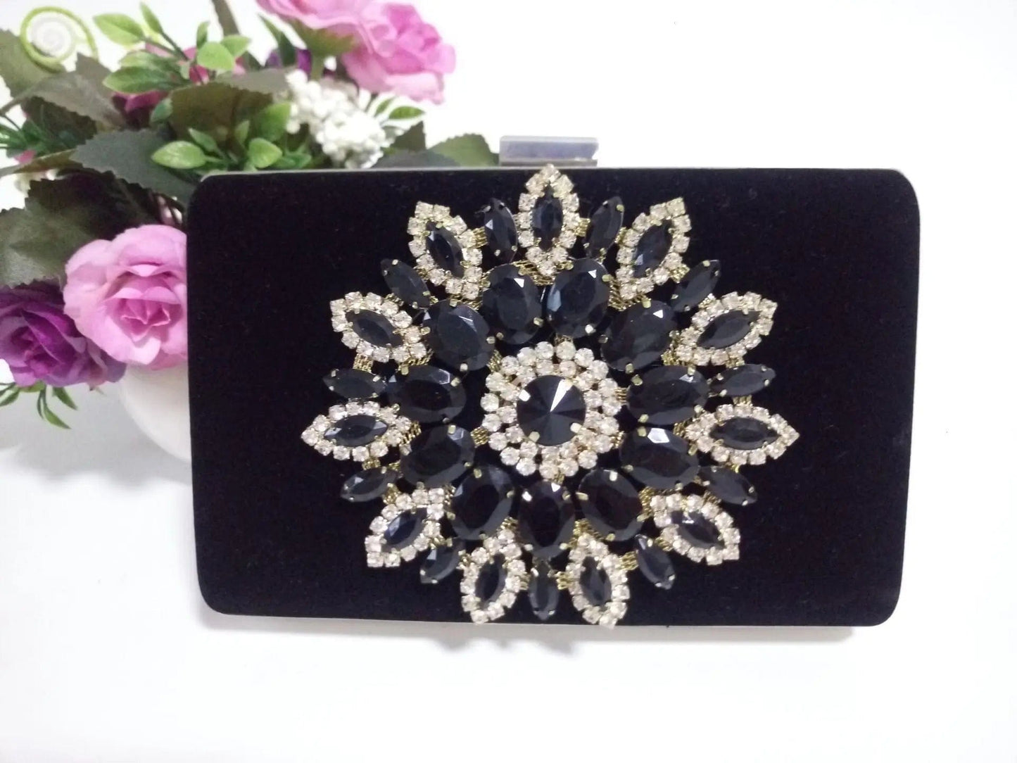 17.5*4.5*11.5cm / black Luxury Women High Quality Flower Diamonds Evening Wedding Bags Ladies Velvet Fashion Ladies Clutch Dinner Banquet Clutch Bag
