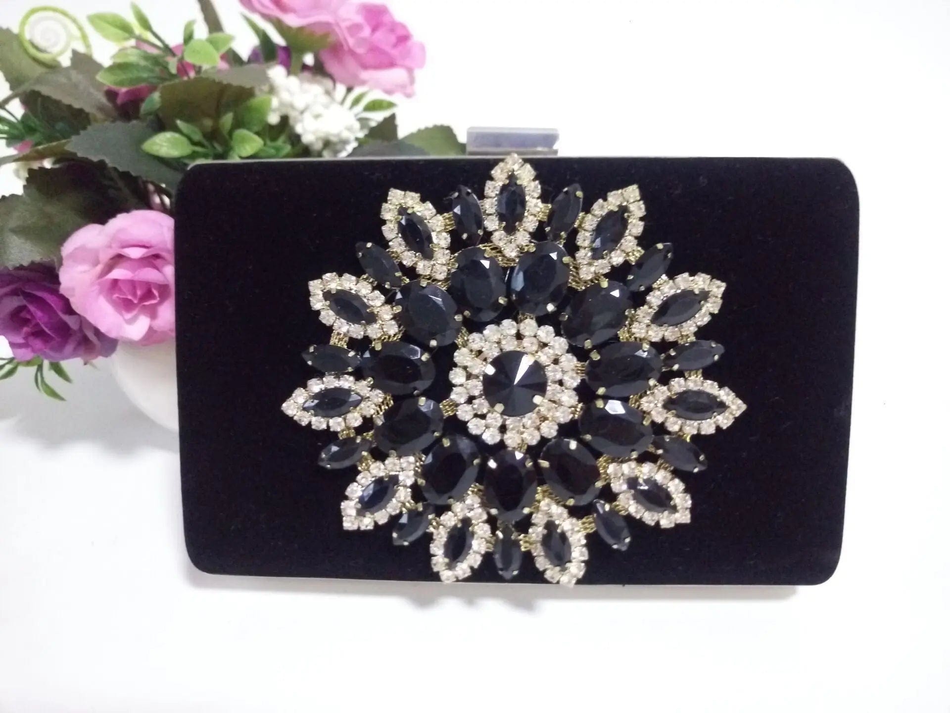 17.5*4.5*11.5cm / black Luxury Women High Quality Flower Diamonds Evening Wedding Bags Ladies Velvet Fashion Ladies Clutch Dinner Banquet Clutch Bag