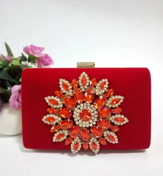 17.5*4.5*11.5cm / Red Luxury Women High Quality Flower Diamonds Evening Wedding Bags Ladies Velvet Fashion Ladies Clutch Dinner Banquet Clutch Bag