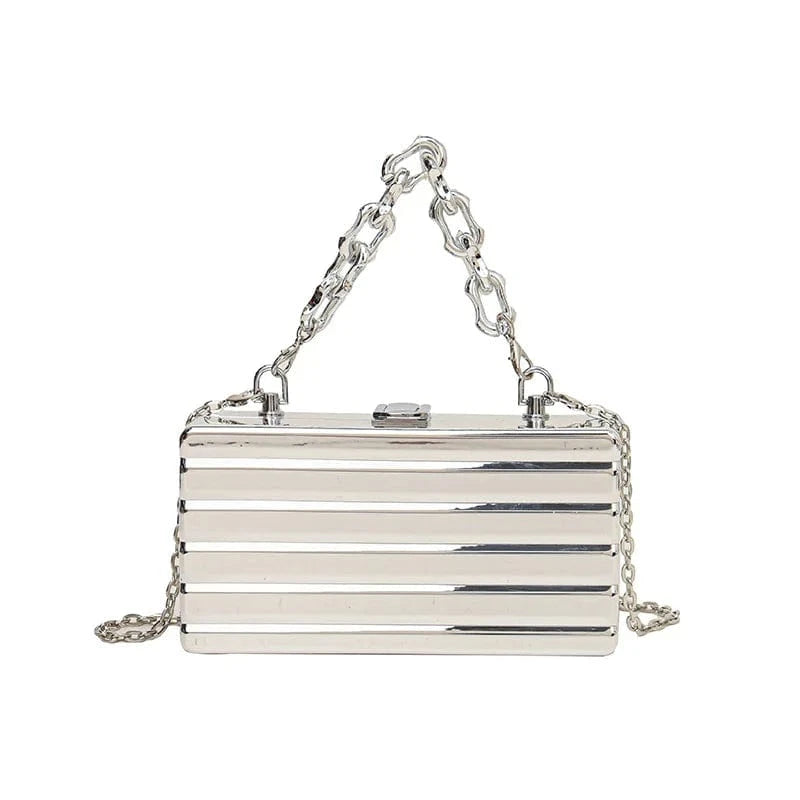 18.5x5x9.5cm / 4381 Striped Silver Designer Tin Foil Print Shoulder Bags Luxury Dinner Party Clutch Crossbody Bag Striped Gold Silver Acrylic Box Bag For Women