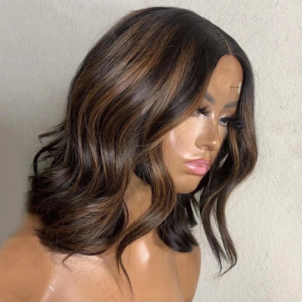 18 Inches / as pic color 130% density Bob Peruvian Highlight Brown Body Wave 200 Density Human Hair Wigs Baby Hair Pre Plucked Glueless 5X5 Lace Closure Wig For Women