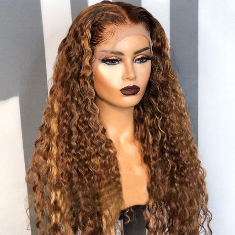 18 Inches / Color 14 Bleached Knots Wet Curly Brown Highlight Color Full Cuticle Aligned Human Hair HD Lace Front Wigs With Baby Hair